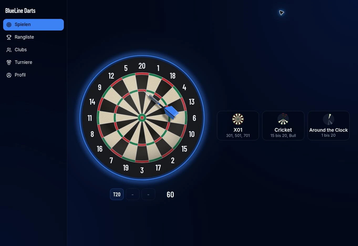 BlueLine Darts mit Übungsscheibe und Spielauswahl