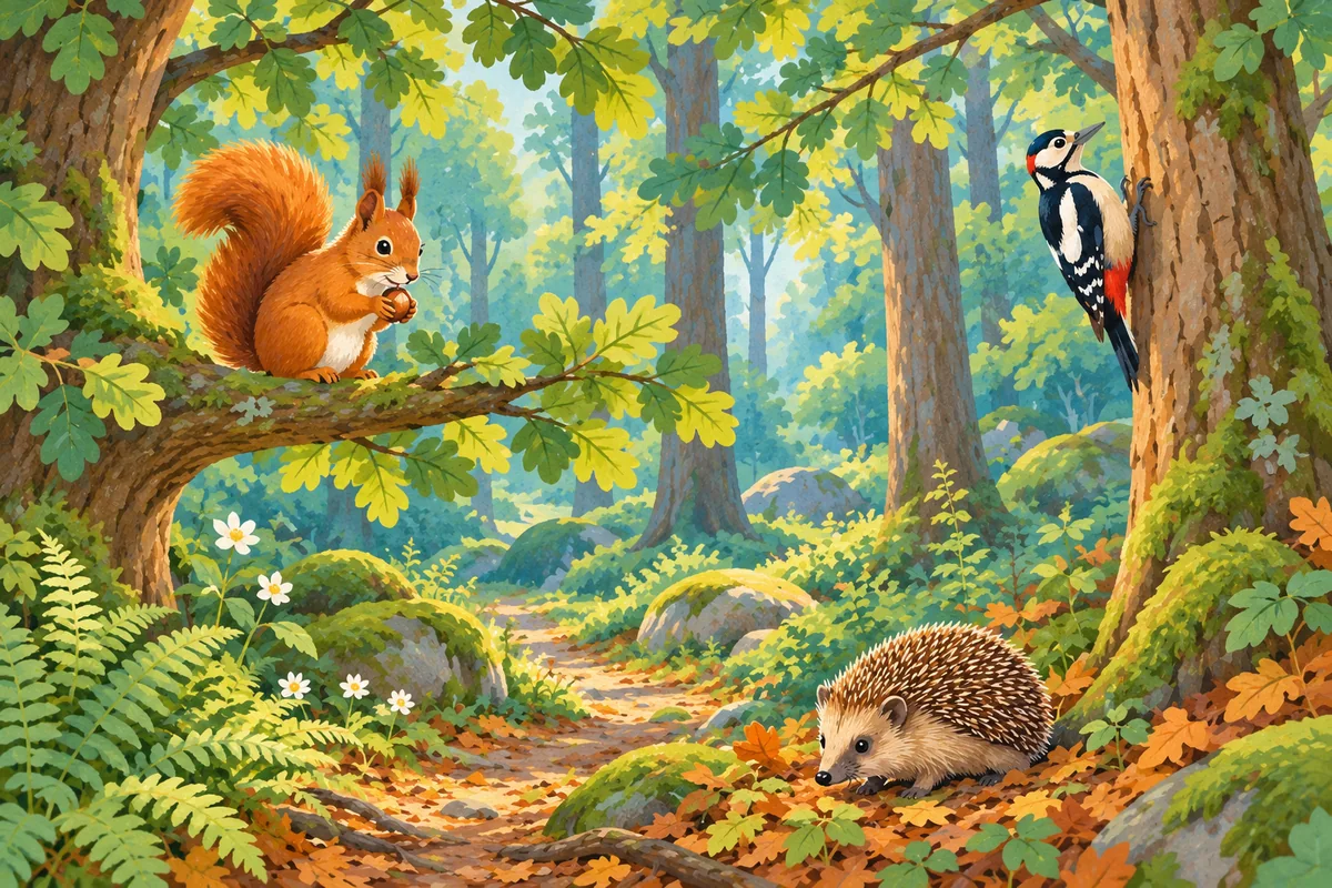 Illustrierter Laubwald mit einem Eichhörnchen auf einem Ast, einem Buntspecht am Stamm und einem Igel am Boden.