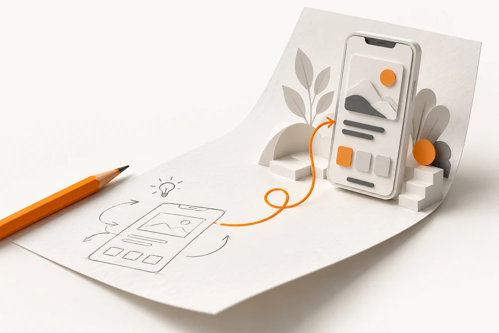 Illustration: Eine gezeichnete App-Idee wird auf gefaltetem Papier zu einer greifbaren Anwendung.
