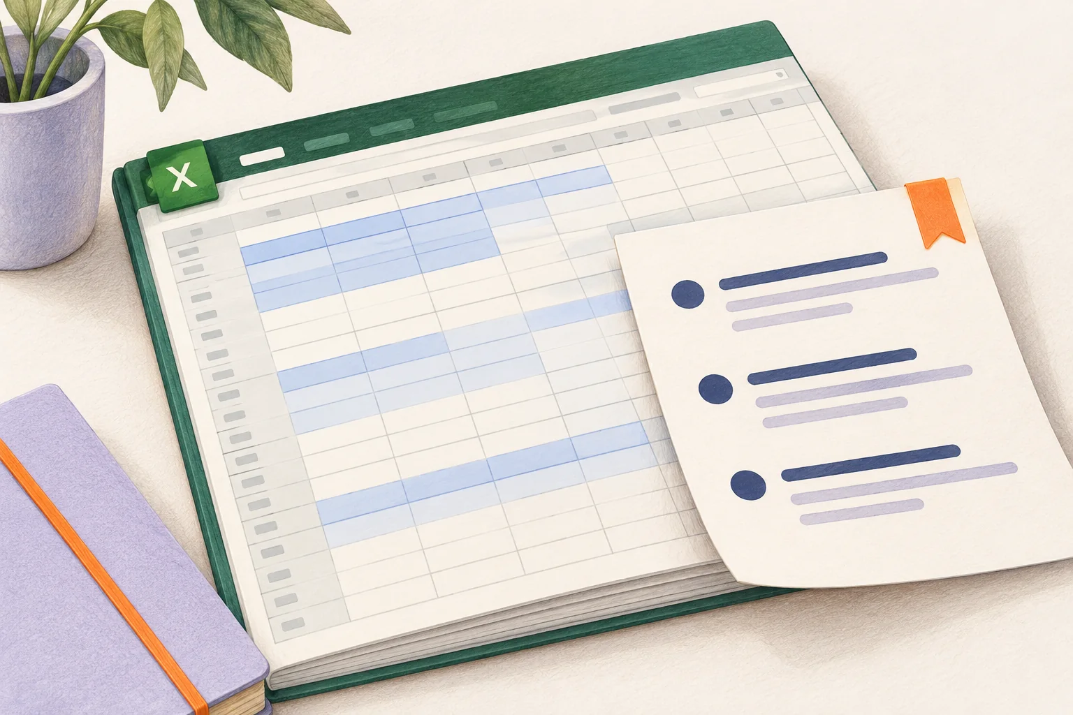 Illustrierte Excel-Arbeitsmappe mit grünem X-Dateireiter, markierten Tabellenzellen und einem übersichtlichen Auswertungsblatt.
