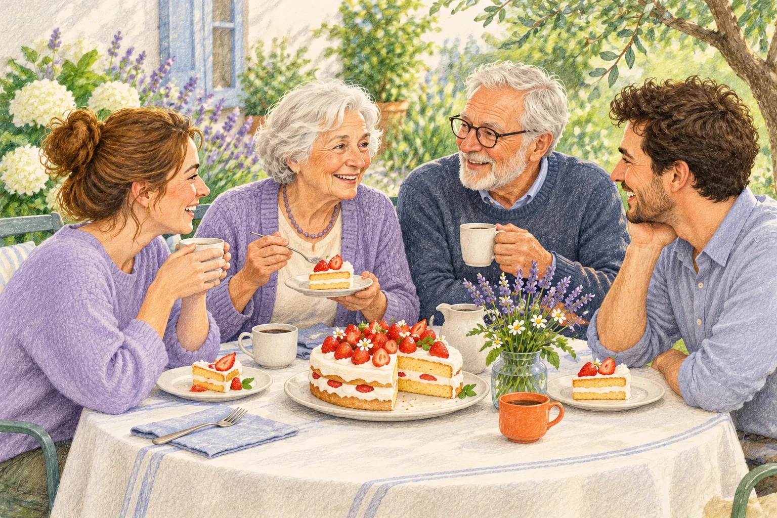 Illustration einer fiktiven Familie beim Gartenkaffee