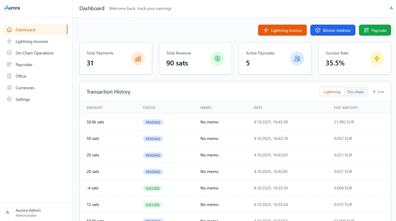 Aurora Studio: Dashboard mit Zahlungsübersicht und Transaktionshistorie