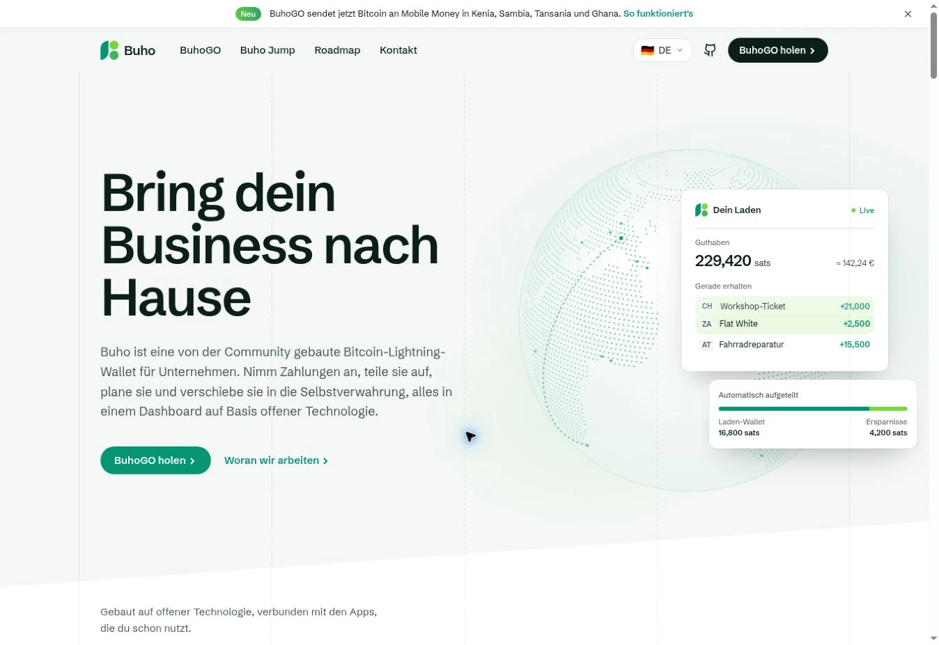 Buho: aktuelle Projektwebsite mit Zahlungs- und Verteilungsdarstellung