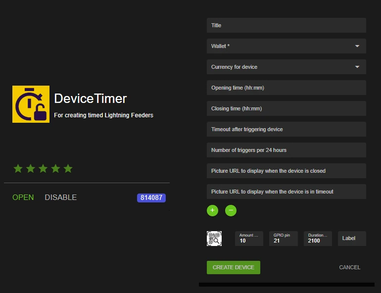 DeviceTimer: LNbits-Erweiterung und Formular für Gerätezeiten und Auslöser