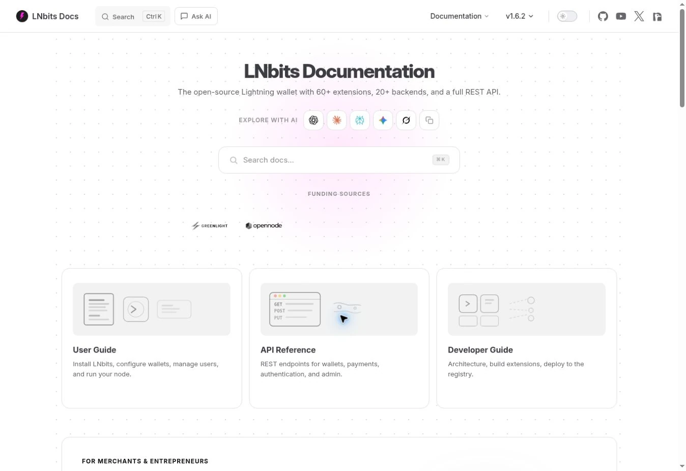 LNbits Docs: Dokumentationsstart mit Suche, Nutzerhandbuch und API-Einstieg