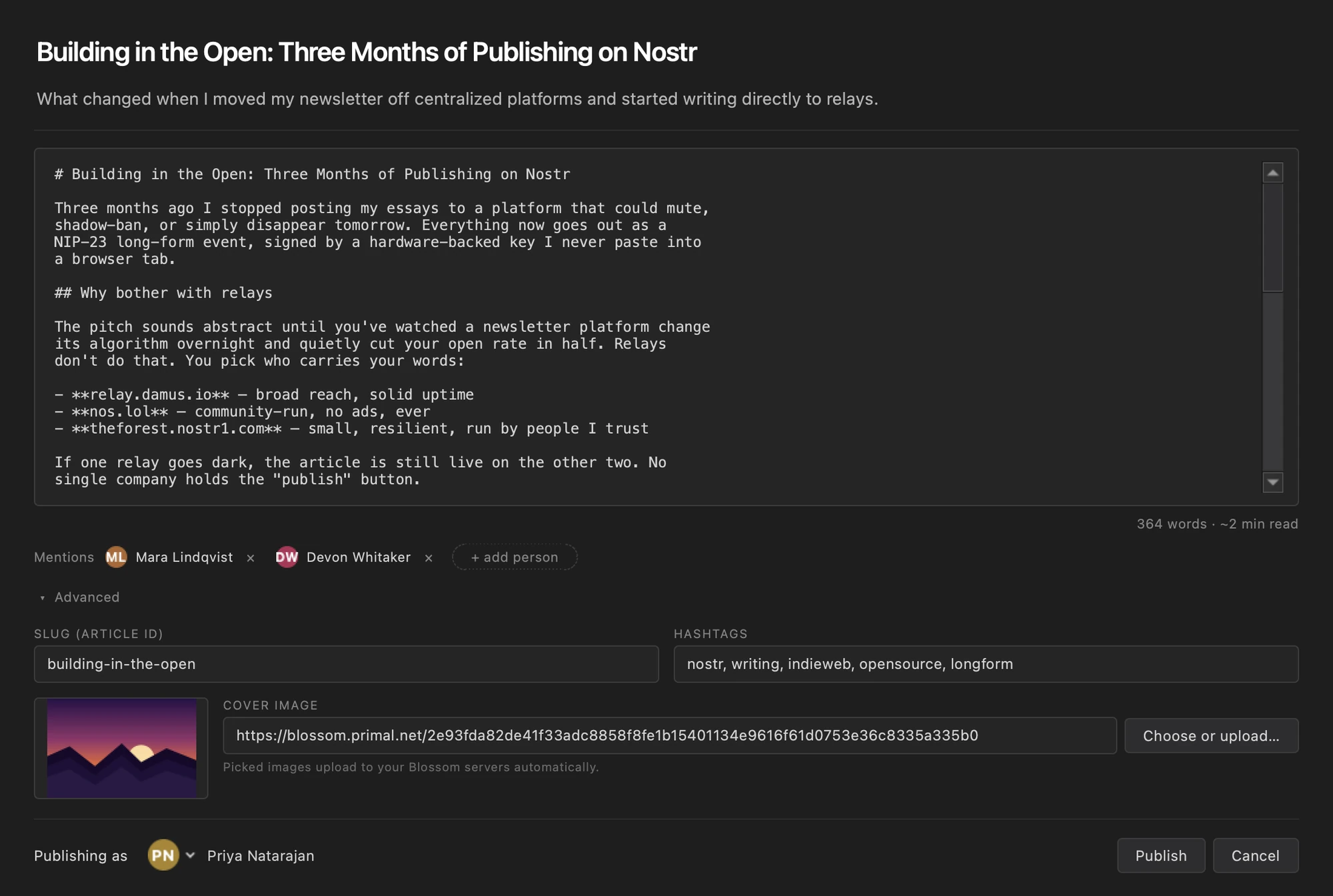 MyEditor: Veröffentlichungsdialog mit Artikeltext, Schlagworten und Titelbild