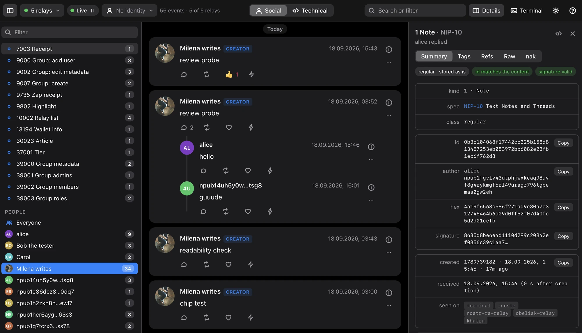 Nostr Dev Army Knife: soziale Ereignis-Timeline, Relays und technische Detailansicht