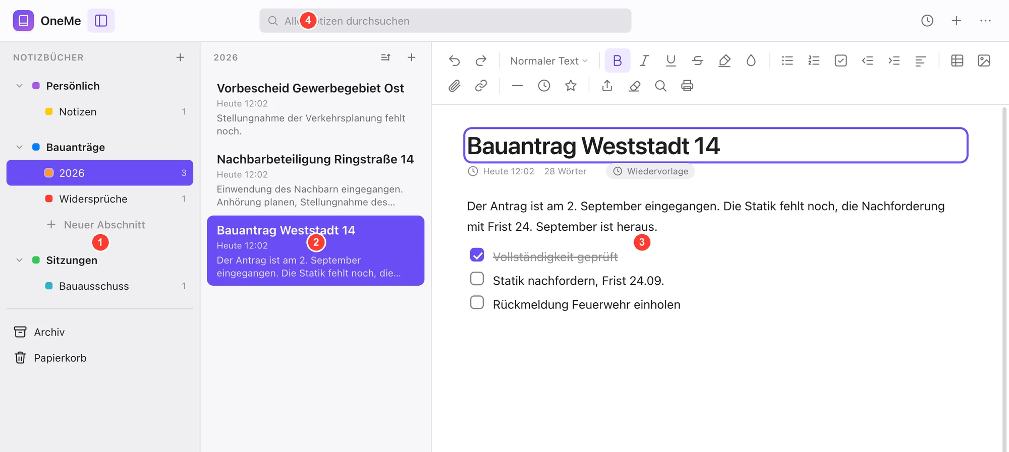 OneMe: Notizbücher, Seitenliste und geöffnete Notiz mit Checkliste
