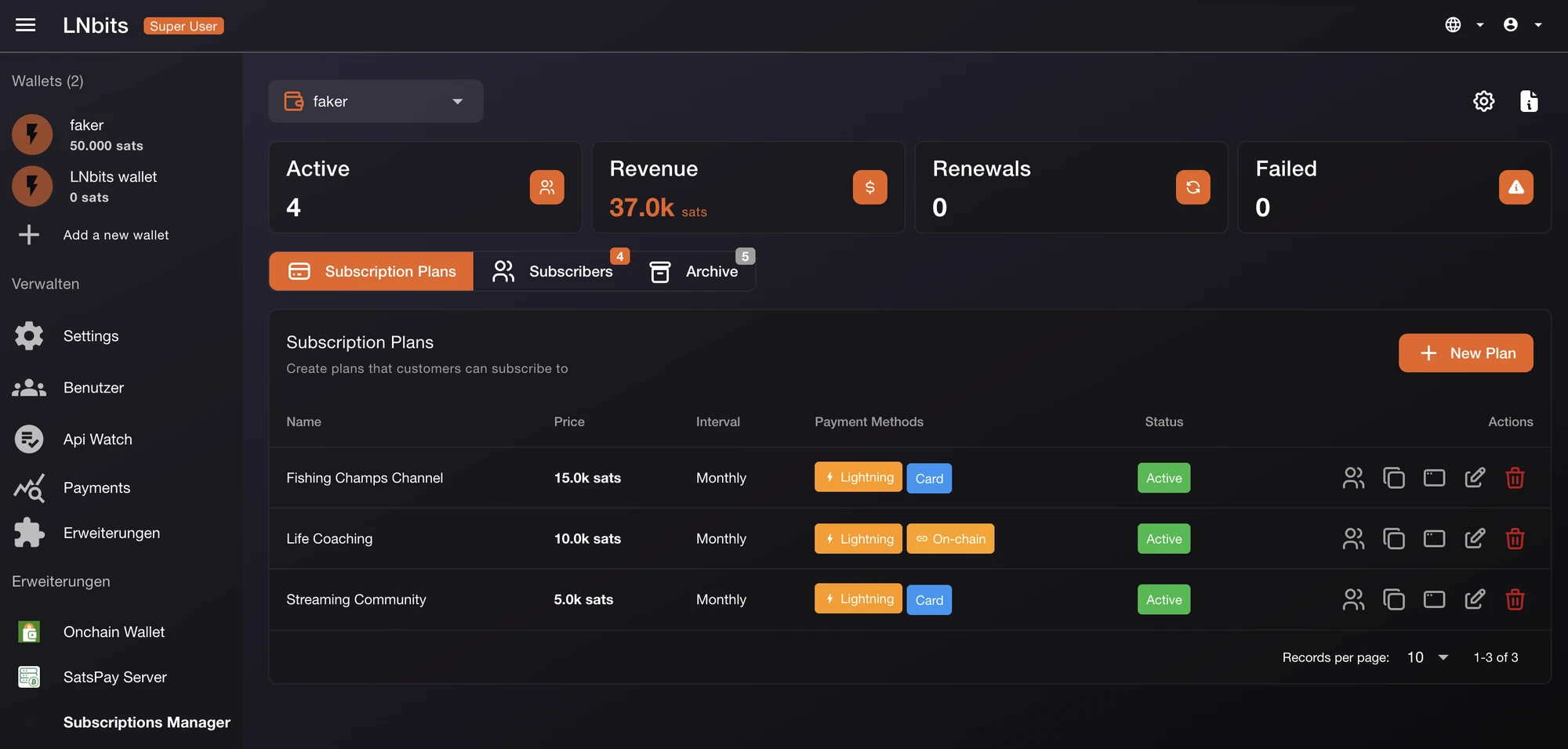 Subscriptions Manager: Dashboard mit Beispieltarifen und Zahlungsarten