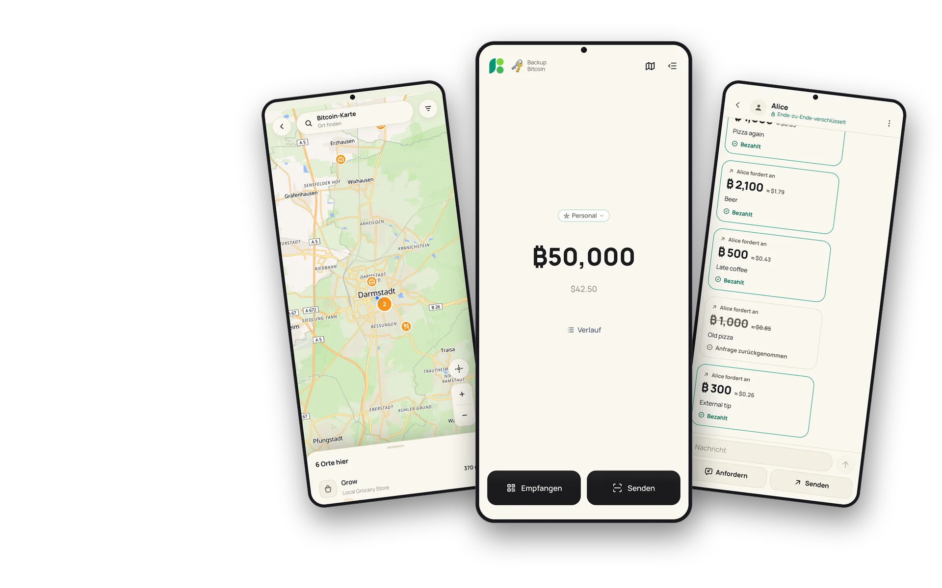Drei BuhoGO-Ansichten auf Pixel-Smartphones: Startseite mit Guthaben, Bitcoin-Karte von Darmstadt und Kontakt-Chat mit Zahlungsanfragen