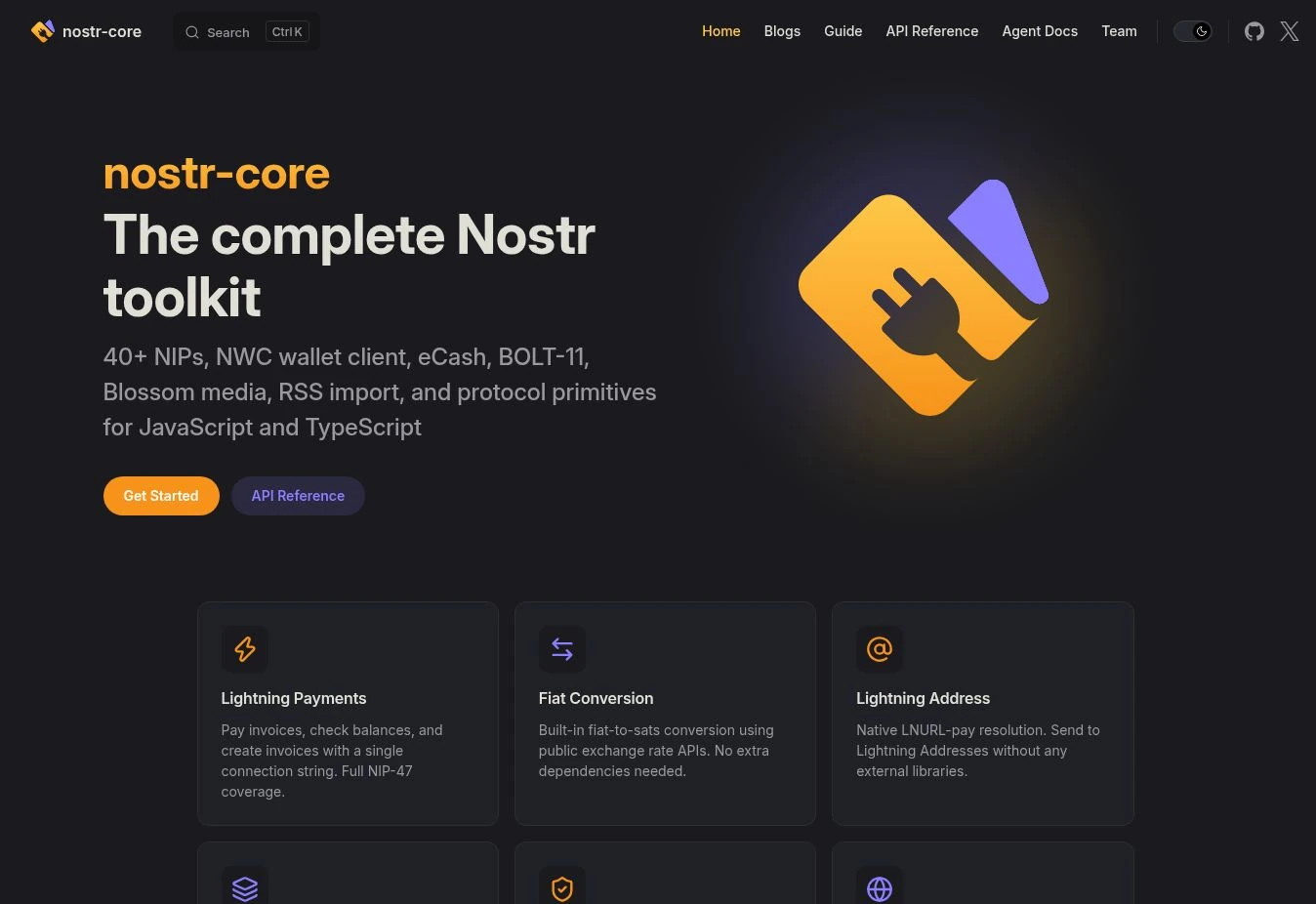 Echte dunkle nostr-core-Projektwebsite mit Logo und Werkzeugübersicht