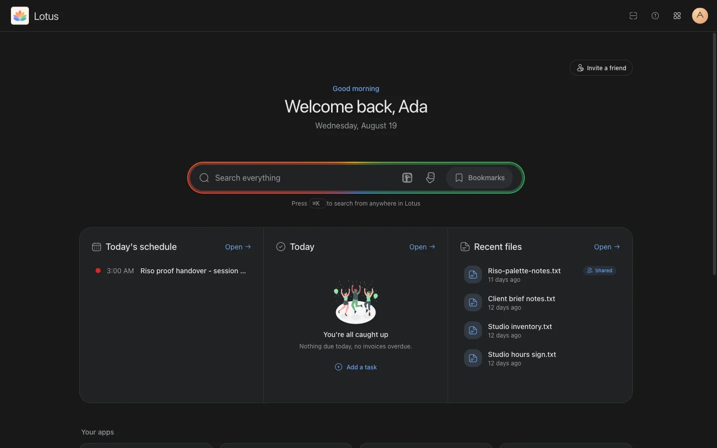 Lotus-Dashboard im Dark Mode mit Tagesplan, Aufgaben, zuletzt genutzten Dateien und App-Übersicht