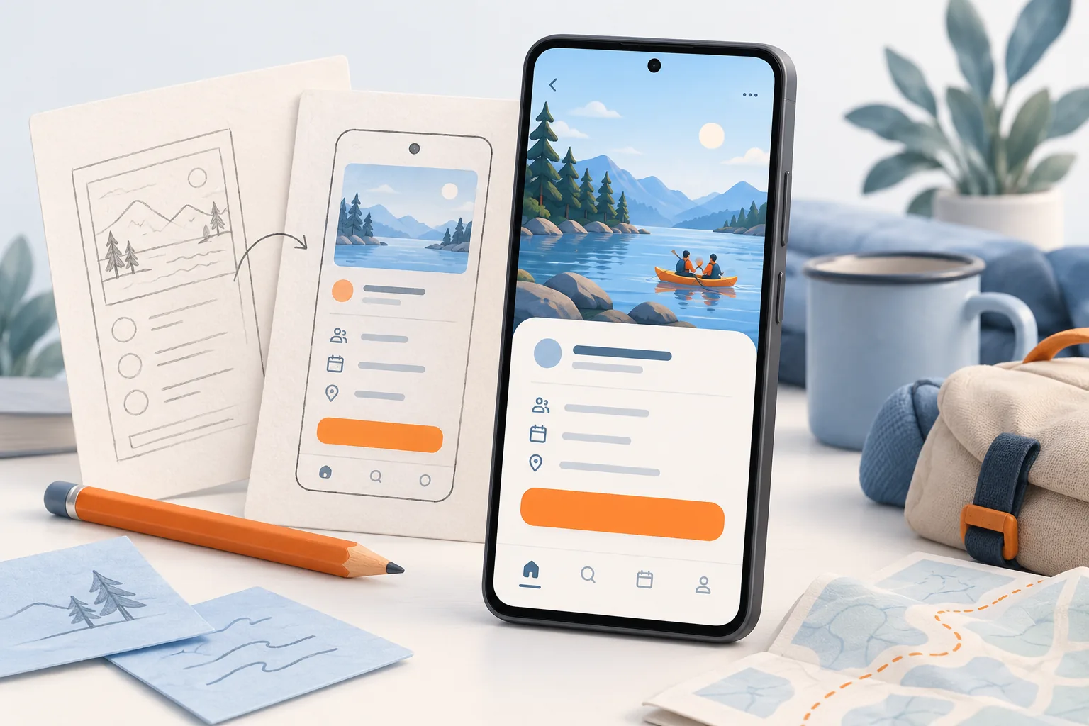 Cozy Illustration eines Google Pixel mit einer beispielhaften Freizeit-App, handgezeichneten Entwurfskarten und einem orangefarbenen Stift