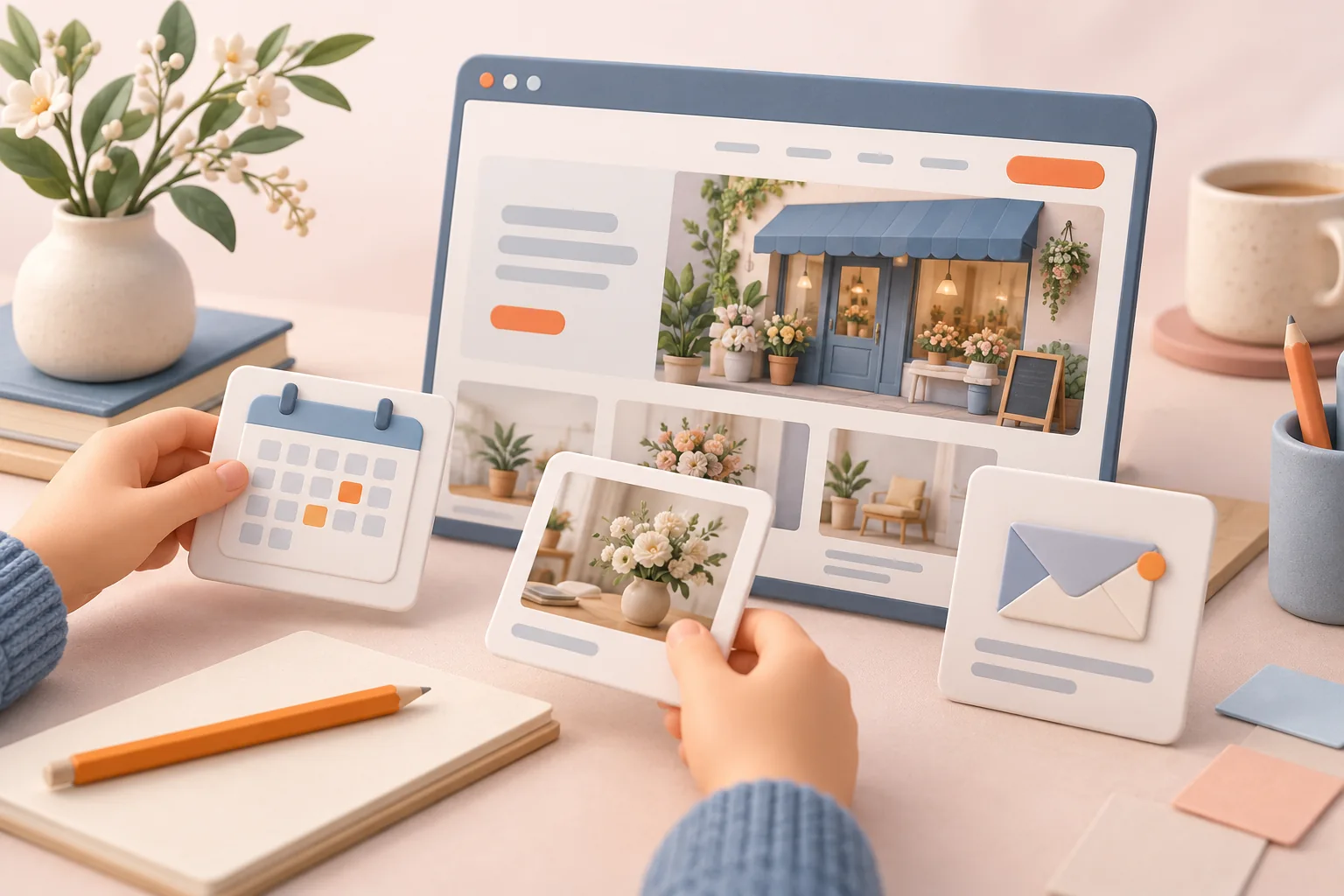 Cozy Illustration einer Website, deren Kalender-, Foto- und Kontaktinhalte auf einer freundlichen Arbeitsfläche aktualisiert werden