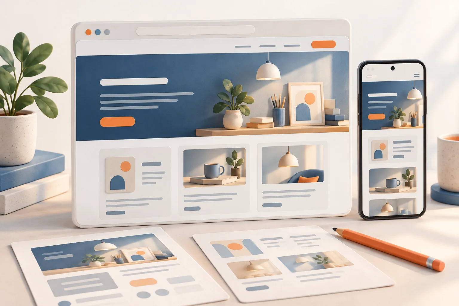 Cozy Illustration eines gestalteten Webauftritts auf einem Browserfenster und einem Google Pixel, mit Entwurfskarten und orangefarbenem Stift